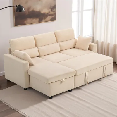 Produktbild von Schlafsofa L-Form mit Bettfunktion, Ecksofa Chaiselongue wendbar, Cord Polyester, Beige | 205 x 135 x 76 cm | Bettkasten | Lendenwirbelstütze