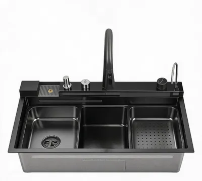 Immagine prodotto di Lavello da cucina - Doppia vasca con area di lavoro - 80x45x23 cm - Miscelatore a cascata - Acciaio inossidabile 304 - Con accessori - Nero