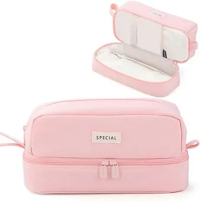 Produktbild von Schmuckkoffer mit großem Inhalt, Schmuckkoffer mit 2 Fachern für Mädchen und Jungen, tragbarer Schmuckkoffer, Schulkoffer für Studenten, Erwachsene, Frauen, Schule und Büro-Makeup (rosa)