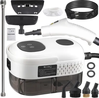 Produktbild von Dampfreiniger,  2500 W mit 9 Zubehörteilen, 1100 ml für Schmutz und Fett, tragbar mit 3 Bürstenköpfen, ideal für Küche、Bad und Auto, weiß