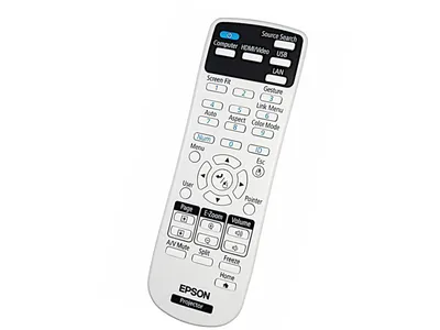 A white remote control for an Epson projector is shown against a white background.