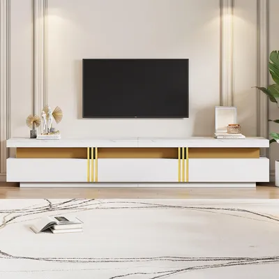 Zdjęcie produktu dla RTV stojak 200 cm, biały, imitujący marmur, z trzema szufladami i systemem zarządzania kablami, wymiary: 200x40x42 cm