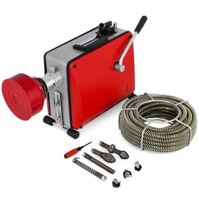 A red and gray electric drain cleaning machine with a coiled cable and several attachments, displayed on a white background.
