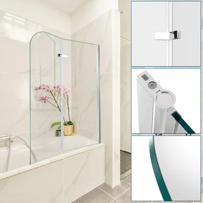 Immagine prodotto di Pannello doccia pieghevole per vasca da bagno, dimensioni 100x140 cm, composto da 2 elementi, realizzato in vetro temperato di sicurezza da 6 mm, ideale come paravento per vasca, colore argento, trasparente