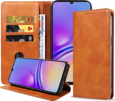 Produktbild von Smartphonica Handytasche passend für Samsung Galaxy A05 Kunstleder mit Magnetverschluss und Kartenhalter Buchhülle mit Klappe - Braun