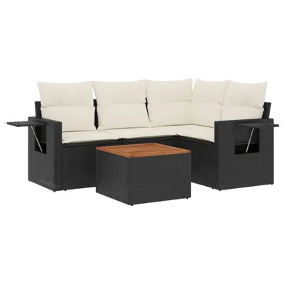 Produktbild von Gartenmöbel-Set 5-tlg., Lounge-Sofa mit Stauraum, Poly Rattan Schwarz, Akazienholz-Tisch, modulare Sofagarnitur mit Kissen Cremeweiß