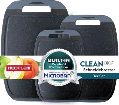 Three black cutting boards of different sizes are displayed, with a graphic overlay promoting a product feature and brand.