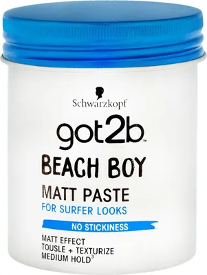 A product shot of a hair paste jar with a blue lid.