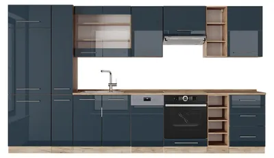 Zdjęcie produktu dla Zabudowa kuchenna Vicco Fame-Line Ciemnoniebieski wysoki połysk/złoty dąb 355 cm , BP Dąb, Model 49370