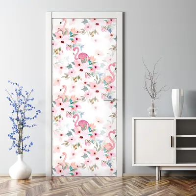 Produktbild von Dekorative Türtattoo selbstklebend Tapete Tür Tattoo Aufkleber Flamingo und Blumen 85 x 200 cm