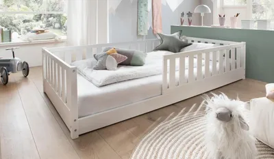 Produktbild von Bodenbett 90x200cm 'Frieda' Buche weiß inkl. Lattenrost