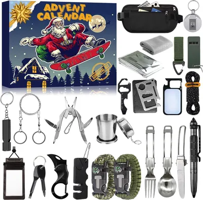Immagine prodotto di Calendario dell'Avvento per uomo - Utensili da outdoor - Calendario dell'Avvento per uomo - Contiene 24 utensili e gadget utili per il campeggio e le escursioni
