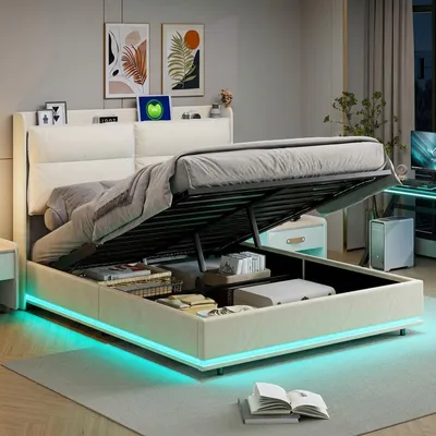 Image de Lit rembourré ProximaX, 160x200 cm, beige, avec espace de rangement – Structure de lit hydraulique avec éclairage LED, ports USB/Type-C, lit double moderne