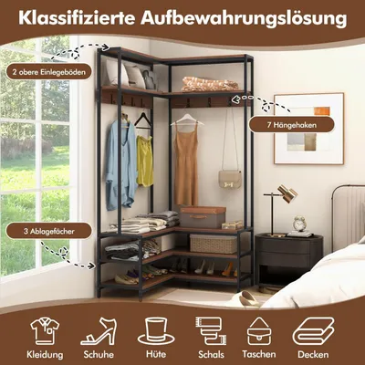 Immagine prodotto di Appendiabiti a forma di L con panca, porta abiti angolare con 7 ganci e ripiani, scaffale per scarpe per ingresso e camera da letto, noce
