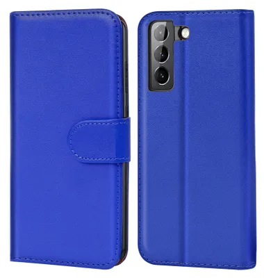 A blue flip case for a Samsung Galaxy S21 FE phone is shown from two angles.