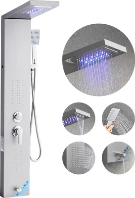 A collage of images showcasing a modern stainless steel shower panel system with LED lighting and multiple spray modes.