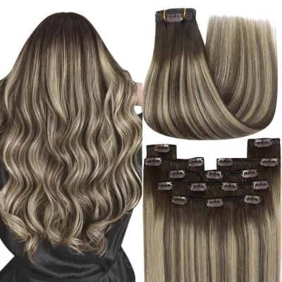Produktbild von Clip-in Extensions Echthaar 60 cm 120g 7-teilig Dunkelbraun zu Aschblond Balayage