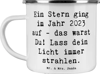 Produktbild von Mr. & Mrs. Panda Pott Spruch 2023 Geburtstag Stern - Weiß - Geschenk, Glückwunsch, inneres Licht leuchten lassen, einzigartige Person, Motivtasse, Teetasse, Haferl, Alter