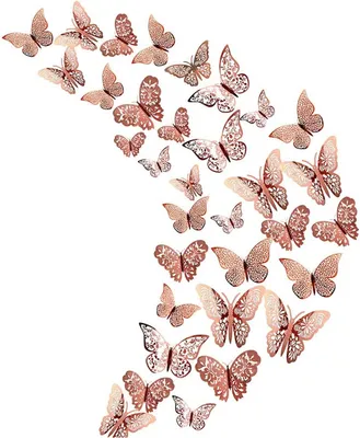 Imagen del producto de Calcomanías de pared con forma de mariposa - 36 unidades - Mariposas metálicas en 3D - Adhesivas - Color rosa dorado