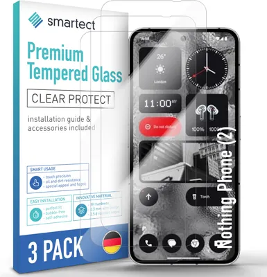 A product package for screen protectors for a Nothing Phone (2), with a phone screen overlay showing the product's features.
