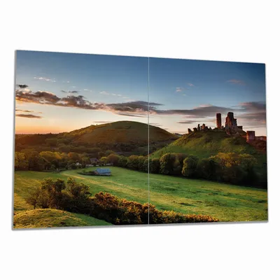Produktbild von Wallario Herdabdeckplatte aus Glas, Größe 80 x 52 cm 2-teilig, Motiv Schlosspanorama in England bei Sonnenaufgang
