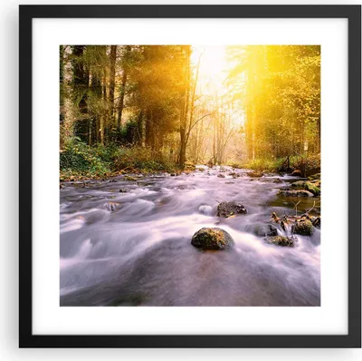 Produktbild von Gerahmtes Poster - Schwarzer Rahmen - Herbst Wald Berg Fluss - 40x40 cm - Wand Bild - Wanddeko - Wandbilder - Kunstposter - Wandposter - Bilderrahmen - Bilder - Kunstdruck - Wandbild - P2BAC40x40-0504