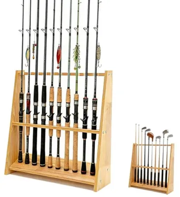 Productafbeelding van PromoHome® Houten opbergrek voor biljartkeus en hengels - 10 vakken - 60 x 18,5 x 57 cm - Organizer voor biljartkeus, hengels, golfclubs & accessoires