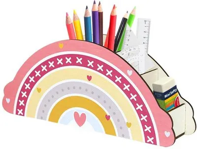 Image de Porte-crayons en bois à 5 compartiments pour enfants et bureau