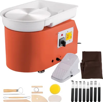 Zdjęcie produktu dla SucceBuy 11-calowe koło garncarskie 0-300 RPM Koło ceramiczne 350W Regulowana prędkość z narzędziami do rzeźbienia i fartuchem nożnym Pomarańczowy do prac rzemieślniczych i majsterkowania w domu