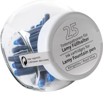 A top-down view of a clear glass jar filled with blue ink cartridges for a Lamy fountain pen.