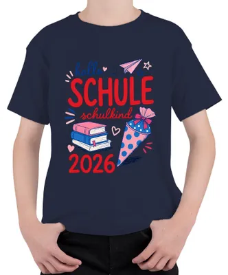 Produktbild von Hallo Schule Schulkind 2026 Einschulung Mädchen Grundschule Kinder T-Shirt, Navy, 140