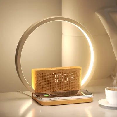 Immagine prodotto di Lampada da tavolo con sveglia luminosa e caricabatterie wireless, 10 W, con dimmer touch