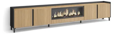 Produktbild von TV-Schrank, Lowboard, 315x35x61cm, Für TV-Geräte bis zu 80", Elektrokamin XXL, Industriedesign, Eiche Schwarz