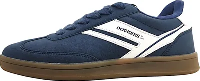 A side view of a blue Dockers by Gerli sneaker with white accents and a brown sole.