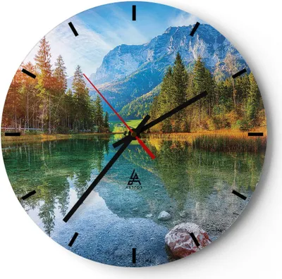 Produktbild von Wanduhr - Rund - Glasuhr - Landschaft Berge Morgendämmerung - 30x30cm - Schleichendes Uhrwerk - Lautlos - zum Aufhängen bereit - Dekoration Modern - Wanddekoration aus Glas - C3AR30x30-4456