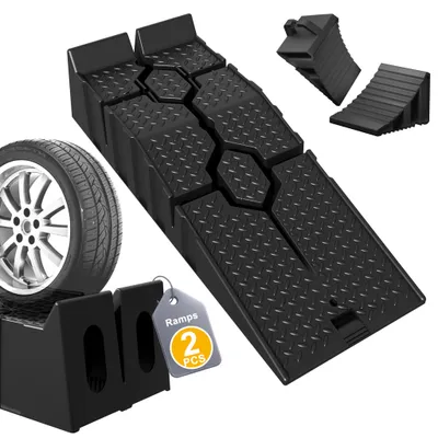 Produktbild von YARDIN 2er Rutschfeste Auffahrrampen mit Schwarz Reifenstopper Set aus PP-Kunststoff, bis 2500 kg belastbar, wetterfest, universell für PKW, Wohnwagen und Garage