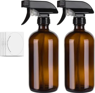 Imagen del producto de Botellas pulverizadoras de vidrio, 2 unidades de 500 ml, color ámbar, con boquilla pulverizadora ajustable, para limpieza y jardinería