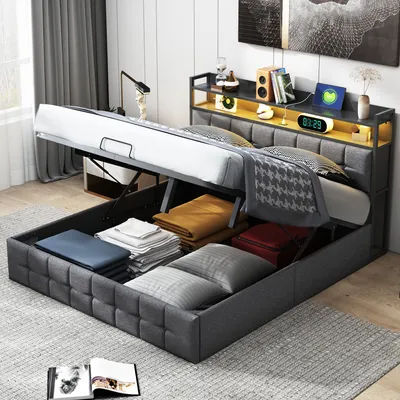 Produktbild von 140 x 200 cm großes Bett mit Stauraum, LED-Beleuchtung, Lattenrost, USB- und USB-C-Anschluss, 2-Personen-Bett, Leinen, Grau