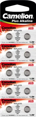 A retail package of Camelion AG9 alkaline button cell batteries.