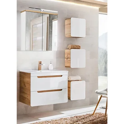 Produktbild von Badezimmer Set Hochglanz weiß mit Wotan Eiche Nb. LUTON-56 mit 81 cm Waschtisch & LED-Spiegelschrank, B/H/T ca. 130/200/46 cm