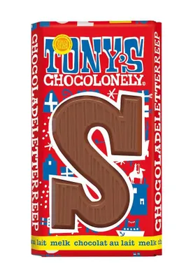 Image de Tony's Chocolonely, lettre "S" en chocolat au lait – 90g – Chocolat au lait équitable, idéal pour le calendrier de l'Avent ou le sac de Noël
