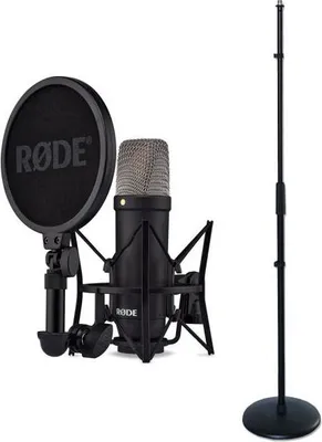 Produktbild von Rode Studio-Mikrofon NT1 Signature Black mit geradem Mikrofonständer