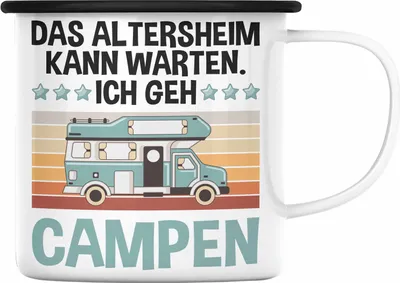 Produktbild von Trendation - Wohnwagen Camper Emaille Tasse Geschenke Wohnmobil für Männer Campingwagen Geschenkidee Zubehör Camping Opa Oma Rentner Lustig Grafik Altersheim kann warten (Schwarz)