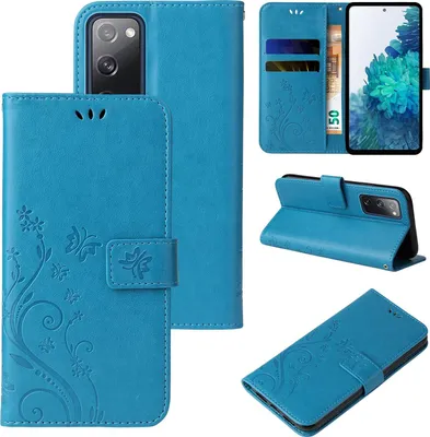 Produktbild von Handyhülle für Samsung Galaxy S20 FE Floral Blumen Schmetterling Flip Cover Hülle Case Klapphülle Handytasche Farbe: Blau