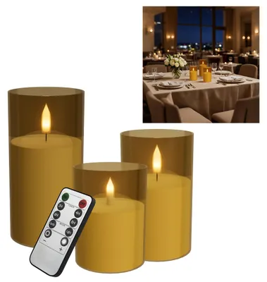 Produktbild von VA-Cerulean LED Kerzen 3er Set Gold – Flackernd, Fernbedienung & Timer, Ø7,5 cm, für Tisch, Regal, Deko & Zuhause