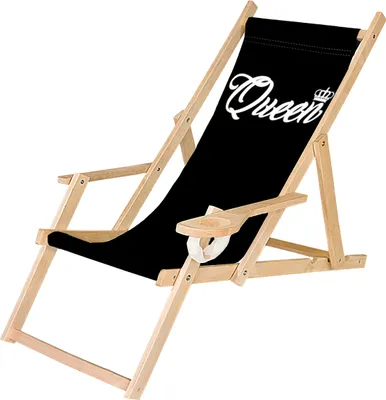A close-up shot of a black deck chair with the word "Queen" printed in white on the fabric.