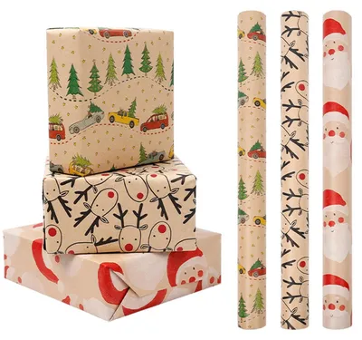 Obrázek produktu pro Dárkový papír, Vánoce, pro děti, 3 role, 43 cm x 3 m, recyklovatelný kraftpapír, motiv: sob, Santa Claus, vánoční stromek