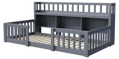 Zdjęcie produktu dla Łóżeczko Montessori dla dzieci - łóżko na podłodze, wymiar 90x200 cm - łóżko drewniane z zabezpieczeniem przed wypadnięciem - łóżko młodzieżowe bez szuflad - kolor: beżowy (Buff)