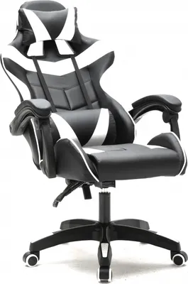 A black and white gaming chair is shown against a white background.