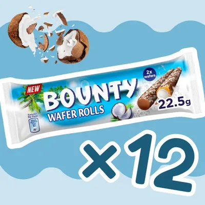 Produktbild von 12er Pack – Bounty Wafer Rolls| Knusprige Waffelröllchen mit Kokoscreme & Milchschokolade | 12x22,5g+Heartforcards Versandschutz